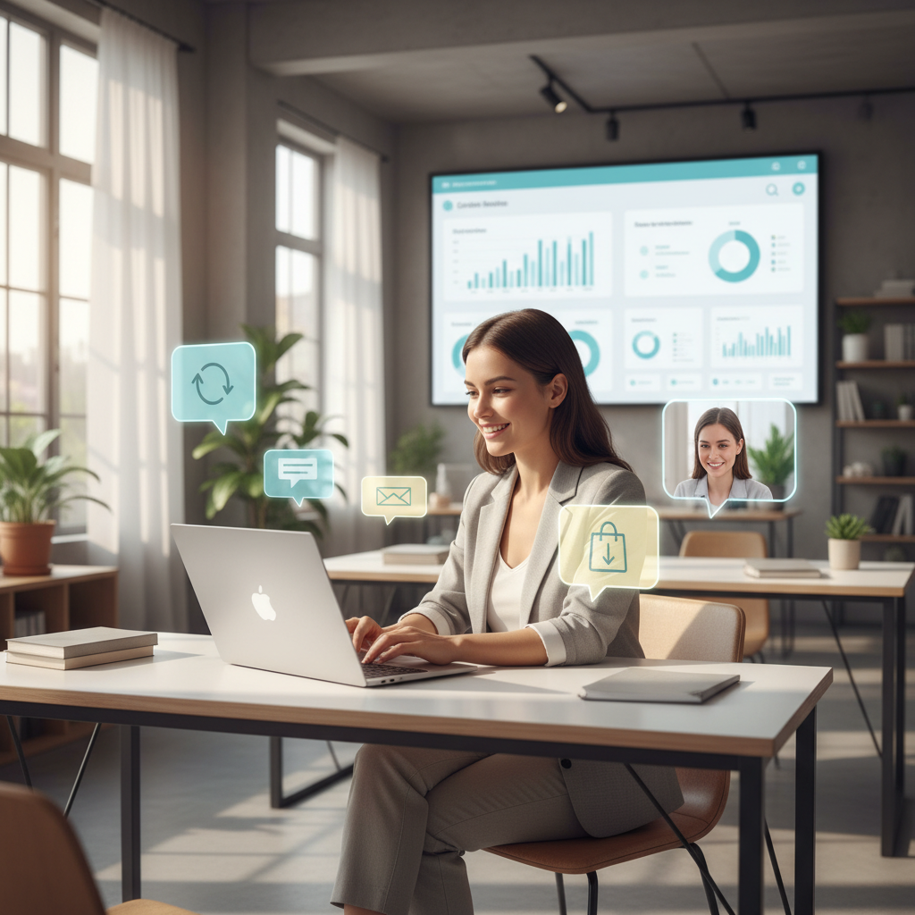 Customer service representative managing returns with analytics dashboard on screen